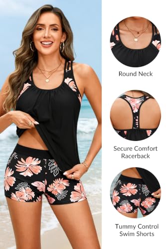 Image of Yonique Two Piece Tankini Bathing Suits T-Back Blouson Swim Tops with Boy Shorts Women Swimsuits Sporty Swimwear