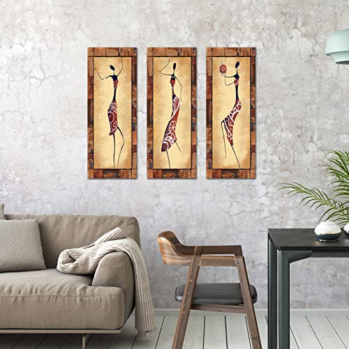 Klvos Vintage African Woman Canvas Wall Art 3 Panel Black Women Dancing Pictures Retro Ethnic Ancient Artwork Stretched And Framed For Home Office Wall Decor 16X32Inchx3Pcs #TOP2