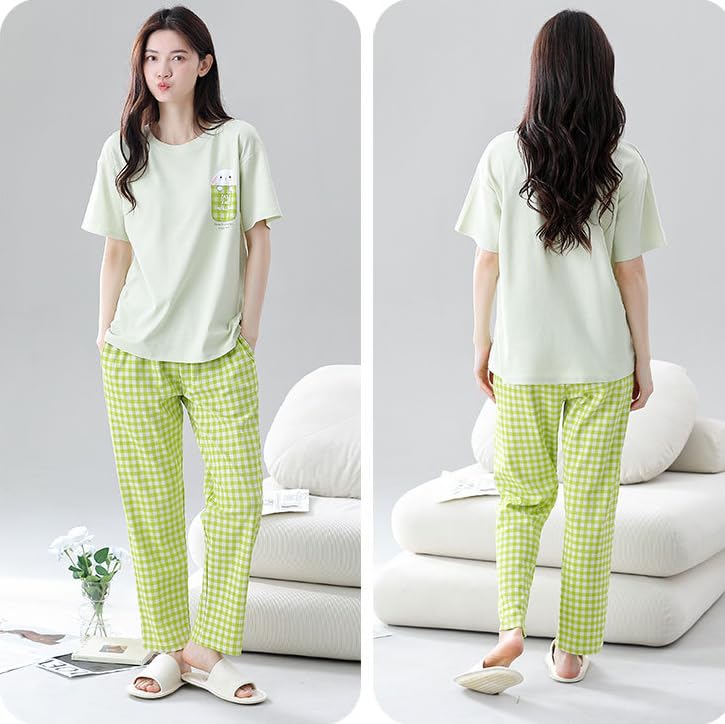 Image of GLASGO Women's Cotton Pajama Set with Top & Pants|| Korean Night Wear|| Loose Fit Home Wear || Lightweight Printed Set || Soft & Comfy Sleepwear for Girls & Women || LNS-4-$