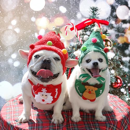 ペット服 クリスマス 犬 猫(帽子+よだれタオル2点セット)クリスマス オーナメント 被り物 ハット スタイ バンダナ かわいい 犬用 猫用 可愛い ナカイ クリスマス お祝い コスプレ 人気 記念撮影 (S, 赤)(帽子は体重約5kgのペットに適していま