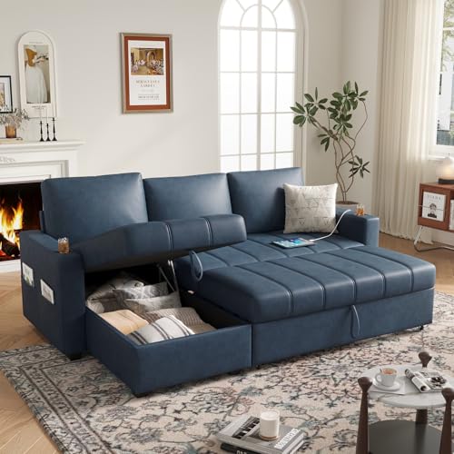 COPIAE 89 inch L-Shaped Sectional Sofa Sleeper with Storage Space & Side Pocket, Anti-Scratch Faux Leather Couch Bed with USB Port & Cup Holder, Modern Piano Design Pull Out Bed for Living Room, Blue