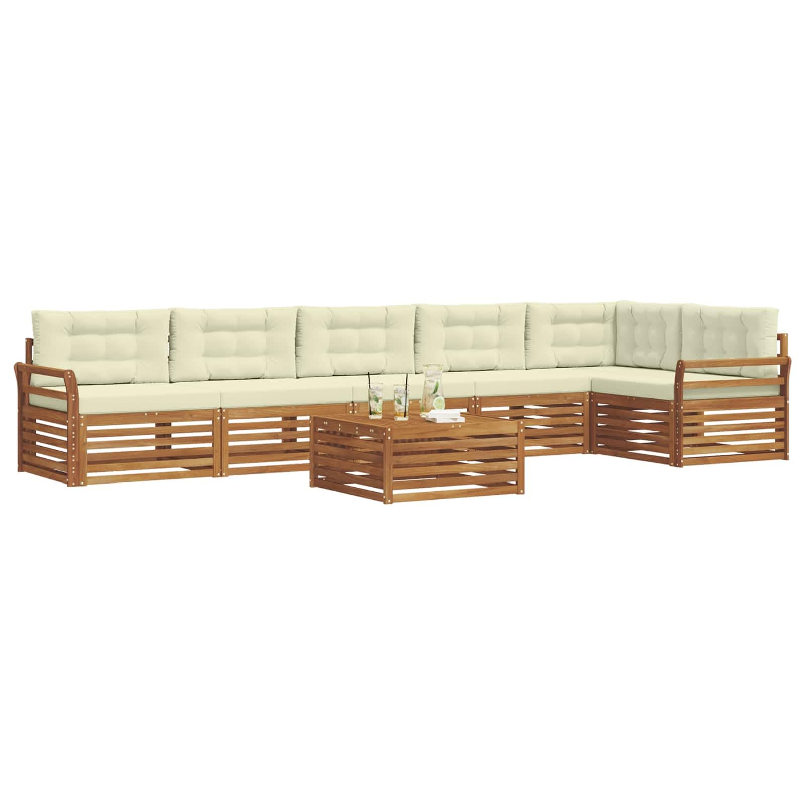 Outdoor-Gartenmöbelgarnitur mit Kissen 7-teilig aus massivem Akazienholz wetterfest für Terrasse Balkon und Garten, inklusive Tisch, Sofas, Sessel, Sitz- und Rückenkissen