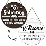 No Soliciting Round Double Sided Wooden Signs, Welcome Please Knock Or Ring Doorbell Sign For Home Yard Front Door Porch Outside Outdoor Farm, 10 Inch Hanging Signs -06