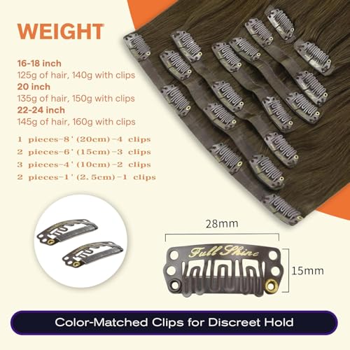 Image of Full Shine Seamless Clip in Hair Extensions Human Hair, Brown 160g 22 Inch | Invisible PU Weft, Full Head Coverage, Secure Clips, Dense Volume Coverage for Medium to Thick Hair, Chestnut Brown, 8 Pcs