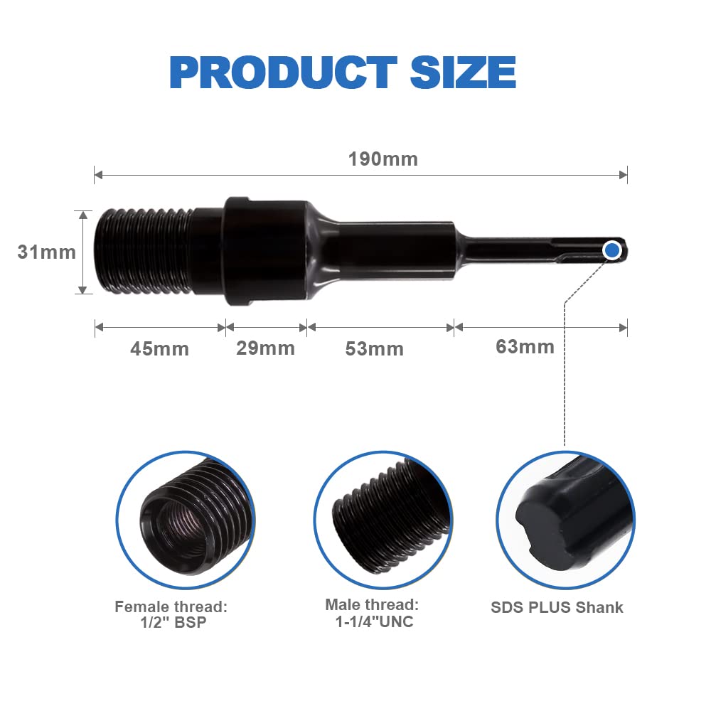 Adaptador de broca de núcleo: 2 piezas, rosca macho UNC 1 1/4"-7 a SDS Plus, para taladro de martillo eléctrico, brocas de núcleo de diamante y accesorios de brocas de martillo