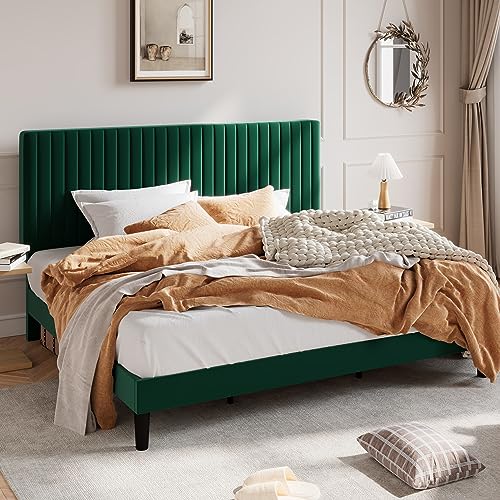 Image of SHA CERLIN King Upholstered Platform Bed Frame with Vertical Channel Tufted Velvet Fabric Adjustable Headboard, Wooden Slats Support, Mattress Foundation, Box Spring Optional, Green