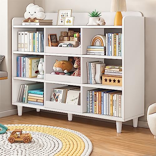 Image of NELYE Wooden Cube Bookcase with Legs - 3-Tier Open Shelf Kidsroom Sorted Storage Cabinet Organizer for Books and Toys, 9-Cube Lattice Cute Cubby Bookshelf in Pearl White, 47" W