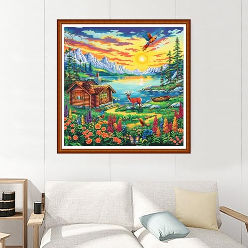 Image of Joyhoor Stamped Cross Stitch Kits for Beginners Needlepoint Kits for Adults Embroidery Kits 11CT Counted Cross Stitch Kits Printed Embroidery Pattern-Lakeside Homeland Scenery 18x18 inchs