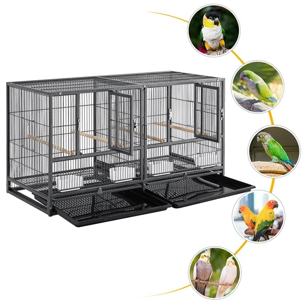 Abician Cage à Oiseaux Large Empilable Cadre en Métal Cage d’élevage Divisée pour Petits Oiseaux Pinson Canaris Perruches 95,5 x 45,5 x 52,5 cm Noir