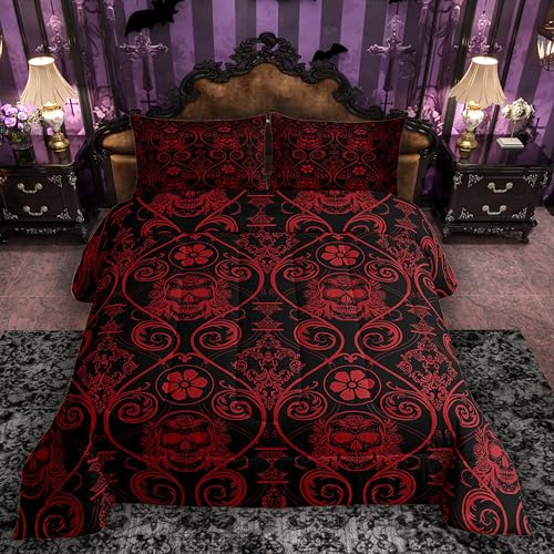 Feelyou Red Gothic Damask Floral Comforter Set Queen Size Bedding Set