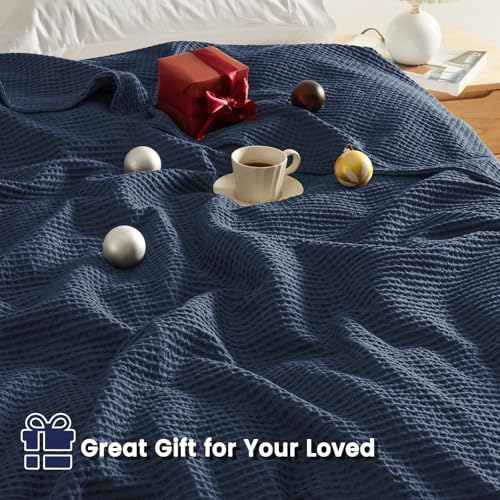 Image of PHF Pre-Washed Cotton Waffle Weave Family Blanket,Oversized King Size 120 inchx 120 inch-Snag Proof Lightweight Breathable, 10'x 10' Huge Extra Large Big-Elegant Aesthetic Home Decoration Gift,Dark Navy