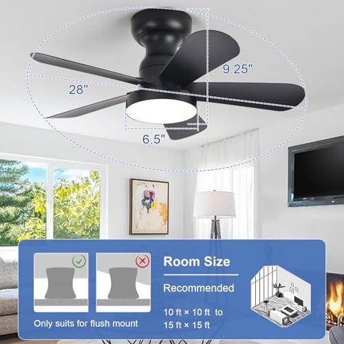 Image of Depuley Black Ceiling Fan with Lights: 28-Inch Flush Mount Fan with Light and Remote - Low Profile Ceiling Fans Reversible Quiet DC Motor for Bedroom Living Room Indoor Outdoor