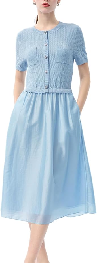 GOELIA Lyocell Patchwork Midi Dress for Women Light Blue Round Neck Knit Top A-Line Skirt Metal Button Formal Dresses
