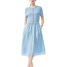 GOELIA Lyocell Patchwork Midi Dress for Women Light Blue Round Neck Knit Top A-Line Skirt Metal Button Formal Dresses
