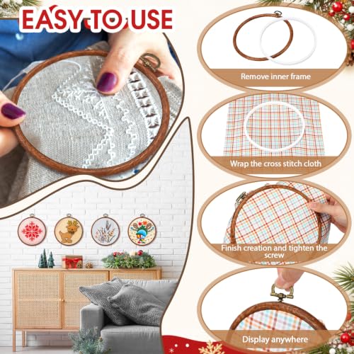 Image of Burbell 6 Pcs 6 Inch Pcs Spring Round Embroidery Hoops Frame Circle Rubber Hoops Ring Display Cross Stitch Ornament Imitated Wood Frame Kits for Christmas in July Craft Sewing DIY Hanging Gifts