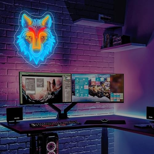 Image of Wolf LED Neon Sign with Printed Backboard, Wild Animal Wall Decor, USB Powered Neon Light for Man Cave, Game Room,Boy Room, Bedroom & Modern Home Decor Holiday Birthday Gift