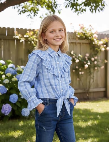Image of Girls Sleeveless Plaid Button Down Shirt Summer Crop Tops Tie Knot Ruffle Sleeve Shirt Blouse 3-12Y