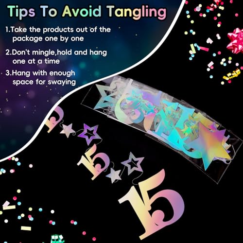 Image of Eucutur Iridescent 15th Birthday Decorations for Girls Boys, Pre-Strung Glitter Twinkle Number Vintage 2011 Fifteen Years Old Hanging Streamer Banner Party Supplies, Sweet 15th Bday Anniversary Decor