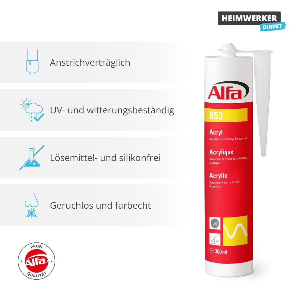 20x Alfa Acryl-Dichtstoff 310 ml weiß Profi-Qualität universelle Anwendung, Profi-Qualität, Maler-Acryl, witterungsbeständig, geruchlos, lösemittelfrei, stark haftend