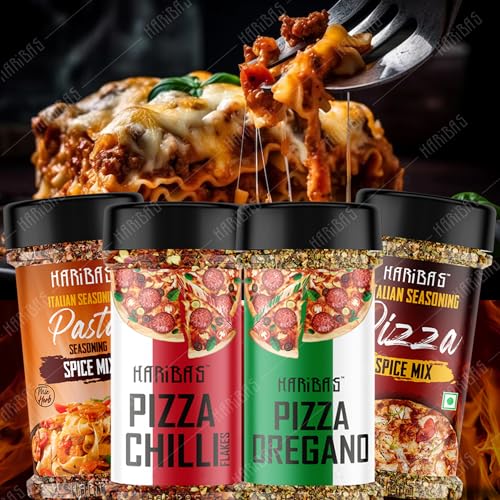 Image of HARIBAS Italian Combo Pasta 50gm, Chilli Flakes 40gm, Oregano 40gm and Pizza Spice Mix 60gm (Pack of 4)