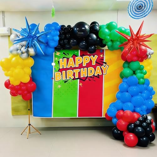 Image of Red Blue Yellow Green Black Balloons, Boy Birthday Video Game Party Balloon
