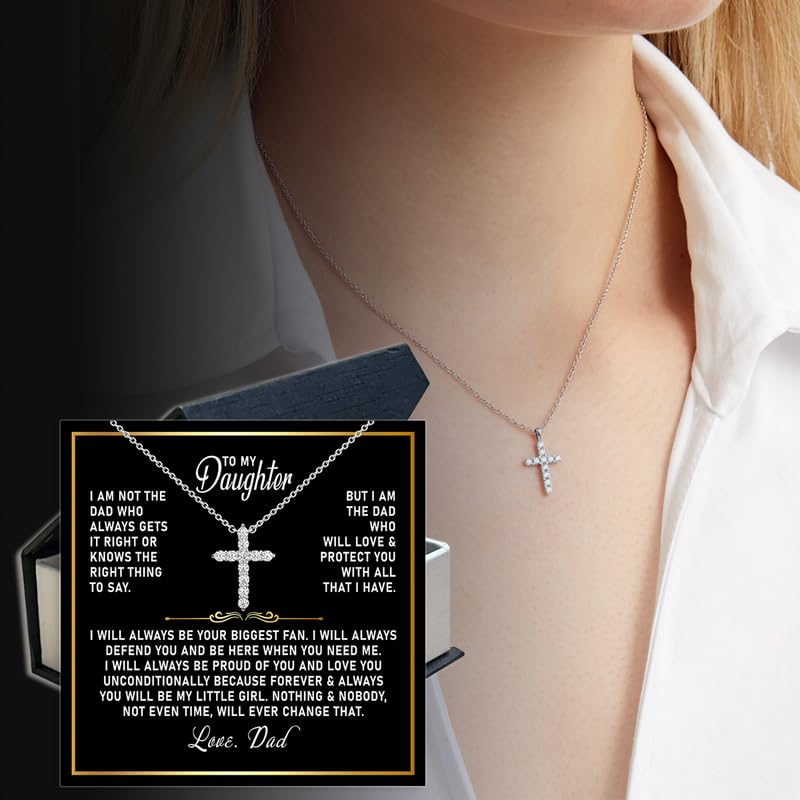 Necklace Gift from Dad Mom, Stainless Steel Cross/Heart/Love Knot Pendant with Engraved Message Card, Birthday Christmas Jewelry Gifts for Daughter2