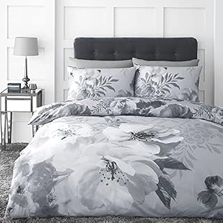 Catherine Lansfield Dramatic Floral Easy Care Double Duvet Set Grey