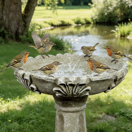 Image of SunJet 23.6 inch Outdoor Fibre Reinforced Concrete Birdbath, Bird Bath with Vintage European Leaf Pattern Pedestal for Outdoor Garden, Yard, Lawn Decor