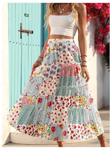 Verdusa Women's Boho Floral Patchwork Skirt Vacation A Line Flowy Long Skirts3