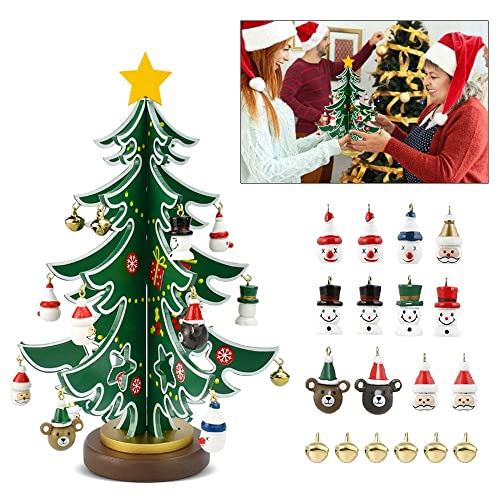 WANTOUTH Mini Albero di Natale da Tavolo in Legno con 30 Mini Ornamenti Natalizi Albero di Natale da Tavola in Legno Natale Ornamento Tavolo Scrivania per Decorazione di Case Uffici Negozi Feste Bar