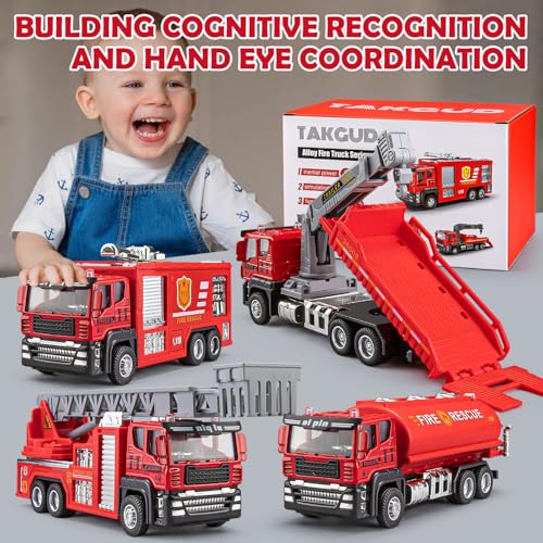 TAKGUD 4 Packs Metal Fire Trucks Playsets, Mini Friction Powered Vehicle, Including Fire Engine, Ladder Truck, Die-cast Tank, Tow, Realistic Design for Toddlers Boys, Kids Aged 3+ Years Old
