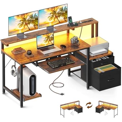 AODK 55" Computer Desk with Fabric File Cabinet and Drawer, Reversible Office Desk with Power Outlet and LED Light, Study Desk with Printer Stand, Keyboard Tray, Monitor Riser and PC Stand, Vintage Cover