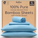 Bambaw Queen Sheet Set – 4pcs 100% Viscose Derived from Bamboo Sheets Queen Size Bed Set, Breathable Sheets Fits Up to 16'' Deep Pocket, Queen Cooling Sheets for Hot Sleepers (Dream Blue)
