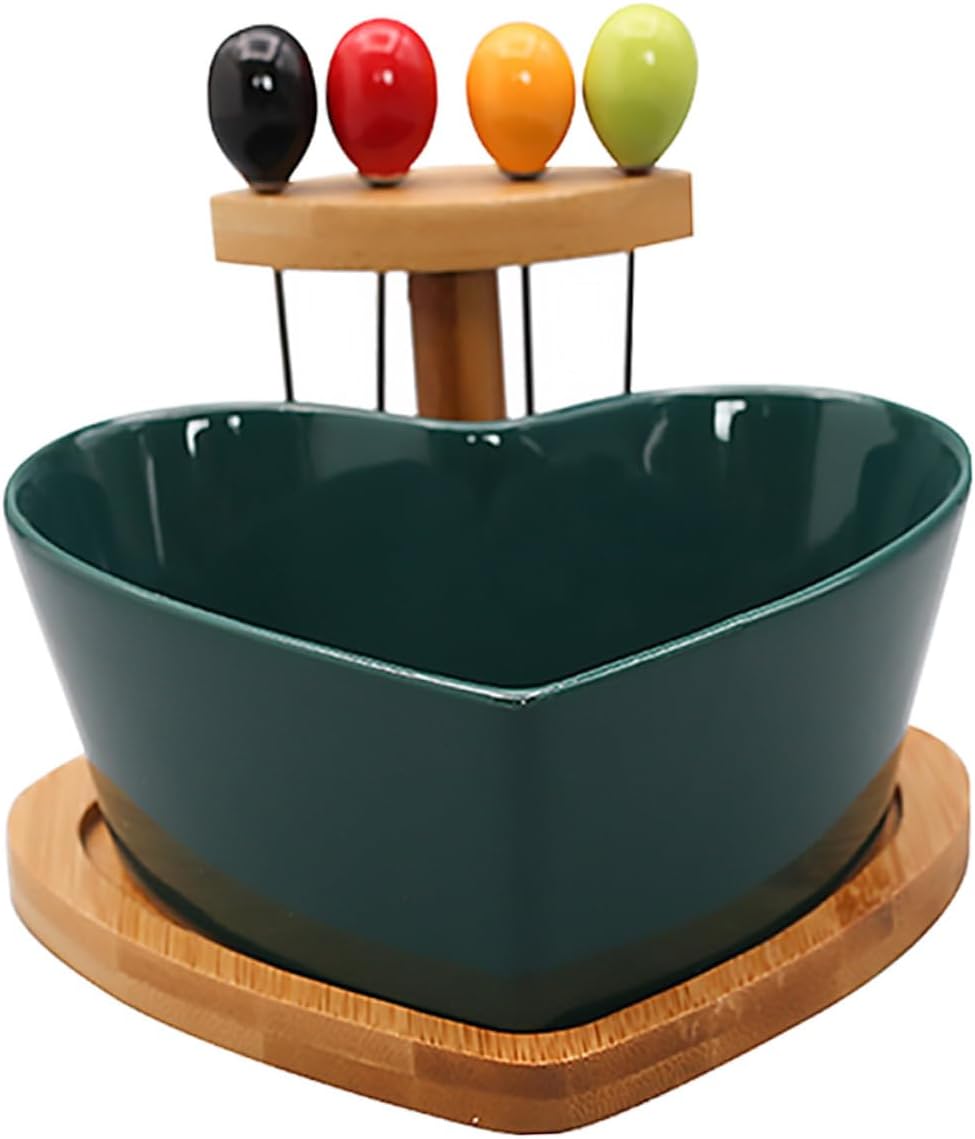 Ceramic Heart Shaped Fruit Bowl with Fork Set, Green Salad and Dessert Bowl for Snacks, Tableware for Kitchen and Living Room Use