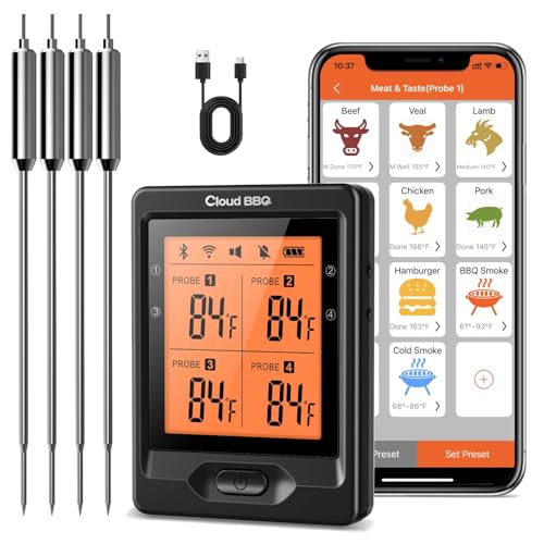 Bluetooth Meat Thermometer, 500 FT Wireless Digital Food Thermometer with 4-Probes, Rechargeable for Precise Cooking