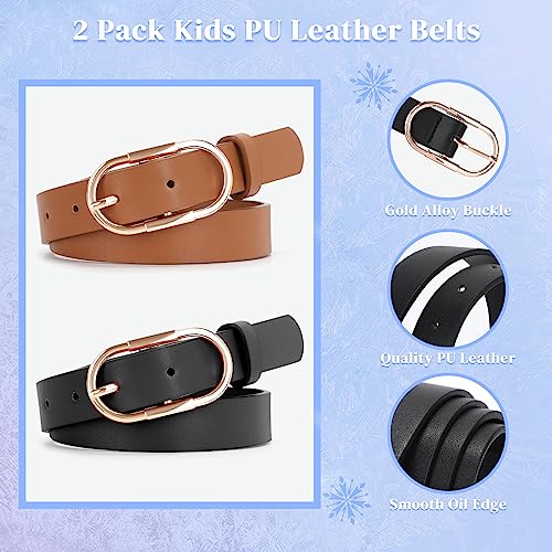 WERFORU 2 Pack Kids Girl Faux Leather Waist Belt for Boys with Gold Alloy Pin Buckle Design Kids Belts for Jeans Dress2