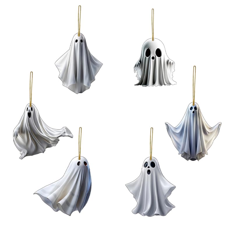 6 Pcs Halloween Hanging Ornaments for Tree Cute White Little Ghost Designs Halloween Spooky Acrylic Pendants Cartoon Ghost Hanging Ornaments Decorative for Holiday Party Craft Supplies