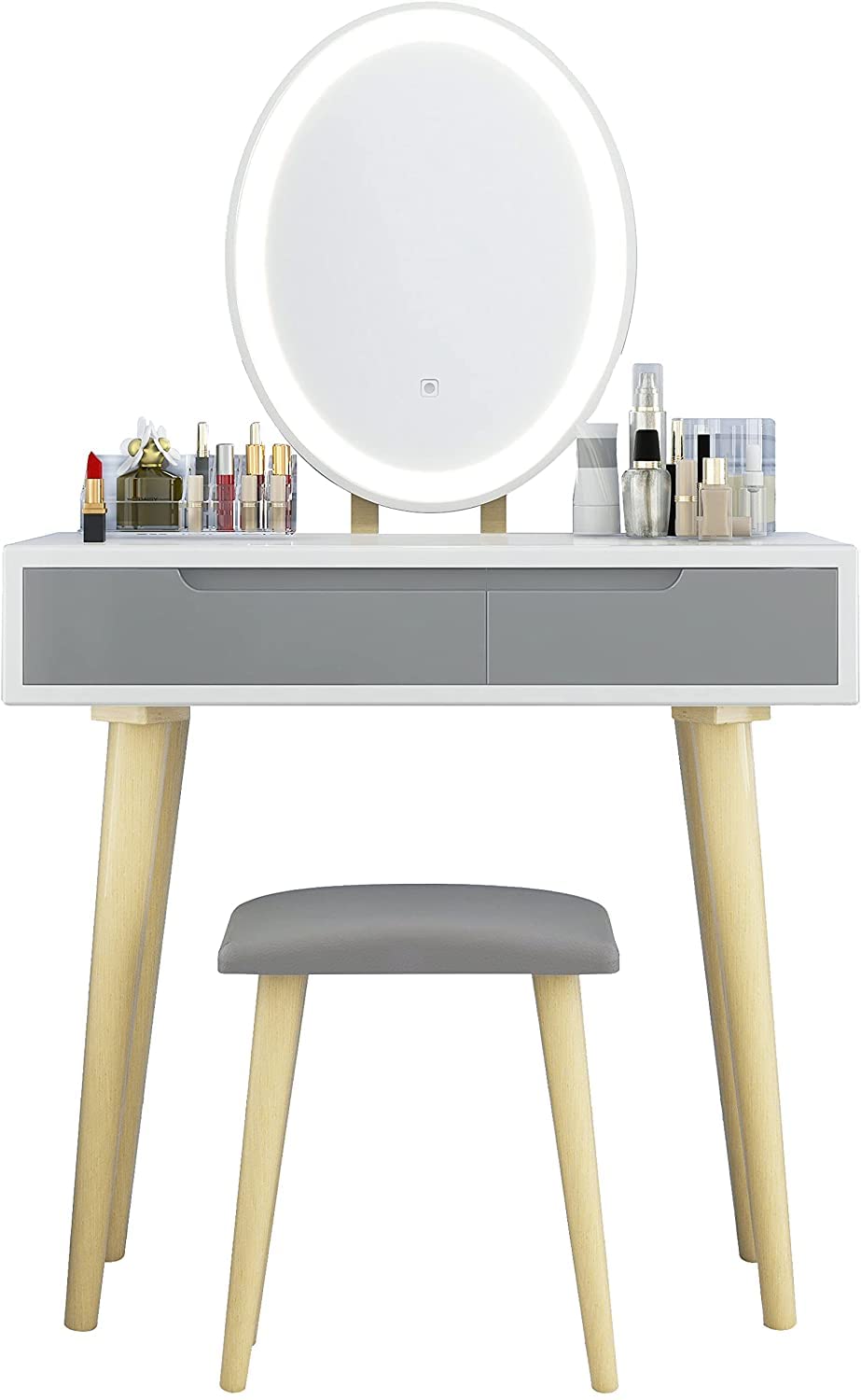 Fullwatt Grey Dressing Table, Oval Mirror & Stool Set Bedroom Makeup Desk Dresser Vanity Table