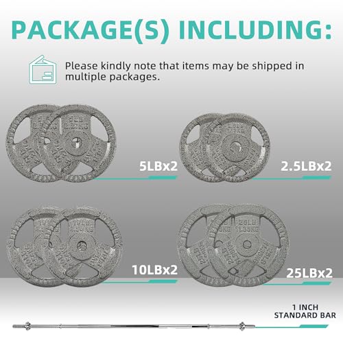 Image of Fitvids 1 Inch Standard Barbell Weight Plates and Bar Set, 5 FT Barbell Bar and 85 LB(2.5-25 LB) Barbell Weight Set for Home Gym Strength Training, Triple-handle Design
