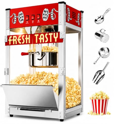 Image of 38 Oz Commercial Popcorn Machine, Large Popcorn Maker Machine, Movie Theater Countertop Pop Corn Machine with 3-Switch Control & Tempered Glass Doors, Red