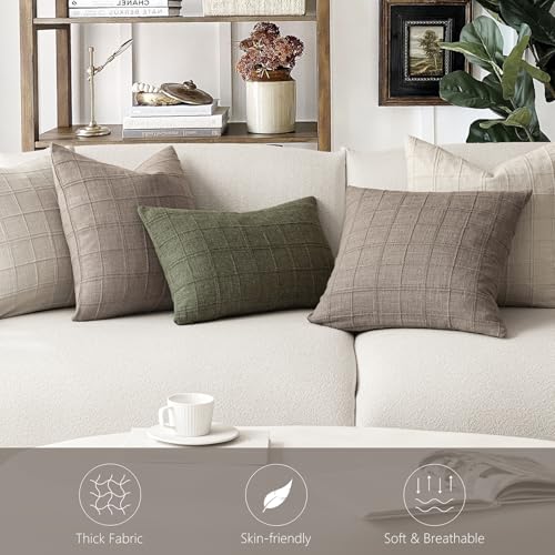 Image of Foindtower Set of 1 Decorative Linen Check Throw Pillow Cover Neutral Farmhouse Vintage Cushion Cover Modern Boho Home Decor for Sofa Chair Couch Bedroom Living Room,18x18 Inch,Tan Taupe