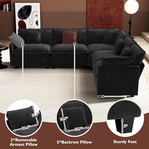 Image of Ihanherry 114 inch V-Shaped Modern Sofa Modular Sectional Cloud Couch with Corner Section, 5-Seat Chenille Deep Seat Sofa with 5 Pillows for Living Room, Bedroom and Apartment, Black