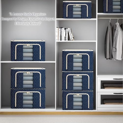 Image of CLAPONE Foldable Steel Frame Cloth Organizer Storage Box and Organiser /Wardrobe Organizer for Storage /almirah for Sarees /Shirts /Blankets /Clothes Storage Box (Blue, 66 Ltr - Pack of 4)