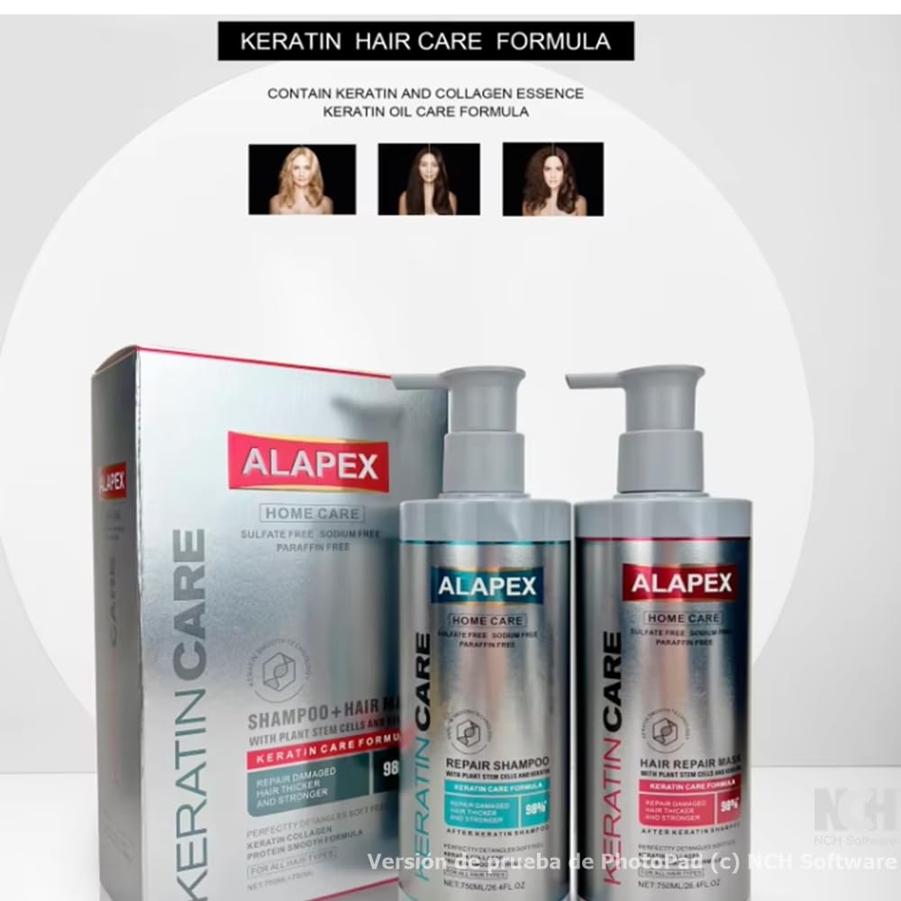 Tratamiento Keratina REPARADOR Champu Keratina + Mascarilla Capilar con Celulas MADRE Vegetales, Formula de Proteina de COLAGENO con QUERATINA para Alisar. SIN Sulfatos ni Sodio ni Parafina