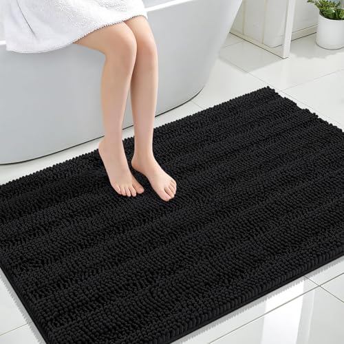Image of OLANLY Thick Large Bathroom Rugs 47x32, Extra Soft Absorbent Chenille Striped Bath Rugs, Rubber Backing, Machine Wash Dry, Bath Mats for Bathroom Floor, Tub and Shower, Home Decor Accessories, Black