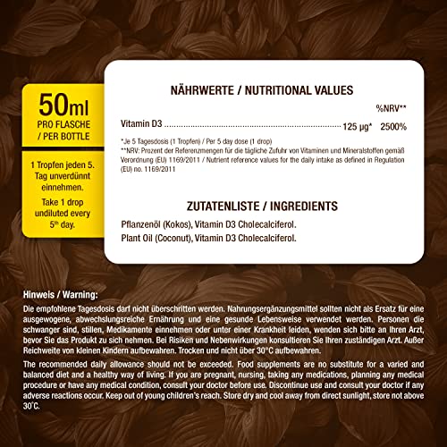Pharmavital Vitamin D3 Tropfen 5000 50ml flüssig (1830 Tropfen) - Laborgeprüfte 5000 I.E. pro Tropfen - Immunsystem stärken, für Knochen und Muskeln - Hochwertig: sehr hohe Stabilität, vegetarisch