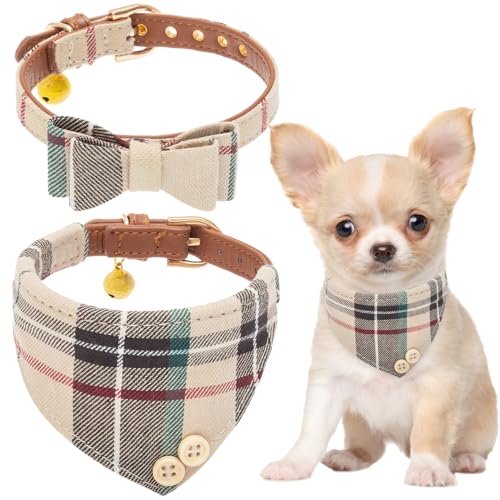 Image of EXPAWLORER Cute Dog Collar - 2 Pack Classic Plaid Puppy Bow Tie and Bandana Cat Collar with Bell, Adjustable for Small Medium Large Pets Holiday Ideal Gift, XS