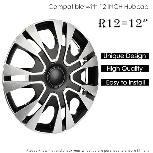 Image of Black with Silver Hubcap Wheel Cover Replacement Kit 12 inch Hub Caps Wheel Rim Cover Car Exterior Accessories Pack of 4, 12 Inches