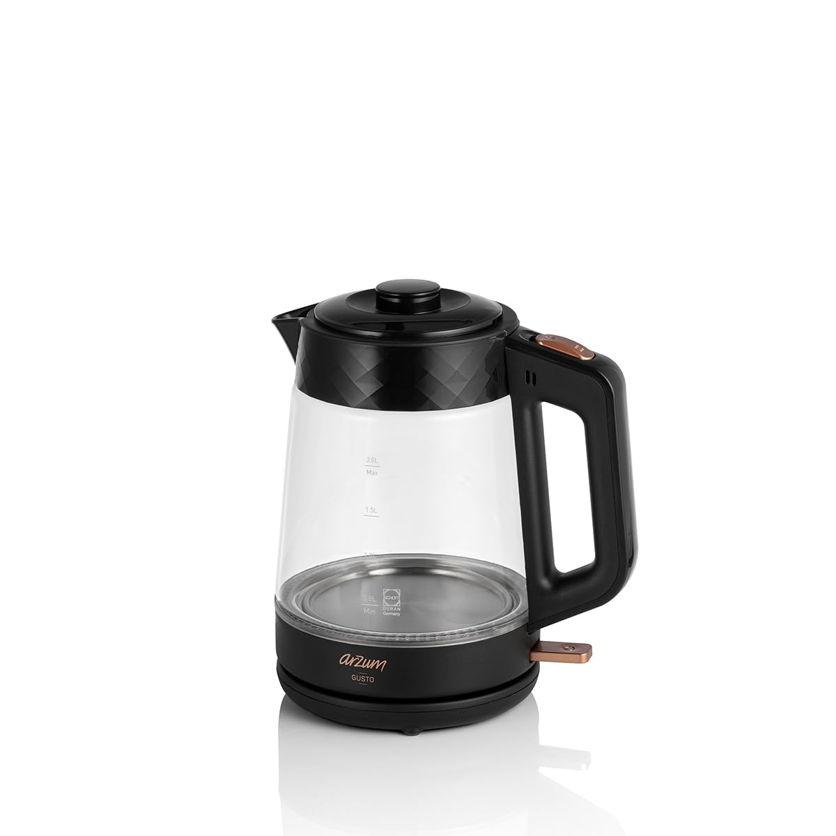 ARZUM GUSTO TEEKOCHER, tetera turca, tetera, hervidor de agua, material de vidrio, jarra de 0,9 litros y jarra de 2 litros. Capacidad del calentador de agua - Negro