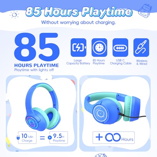 Image of Kids Bluetooth Headphones, 85H Playtime Wireless Headphones for Kids, Colorful LED Lights, 85 /94dB Safe Volume Limit, Bluetooth 5.4 Built-in Mic Toddler Headset for Tablet /Airplane /Travel (Blue)